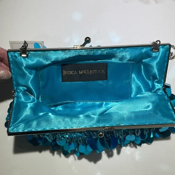 NWT JESSICA MCCLINTOK Sequined Bling Crossbody Clasp, 9”W x 5”H, Turquoise Blue - Picture 2 of 8